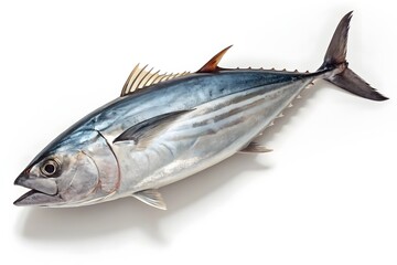 A studio-style, isolated image of a whole tuna fish, lying horizontally on a clean white background, with a focus on its silvery skin and fin details.
