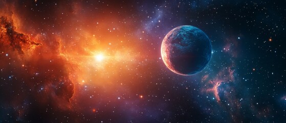 A colorful space scene with a large planet in the middle