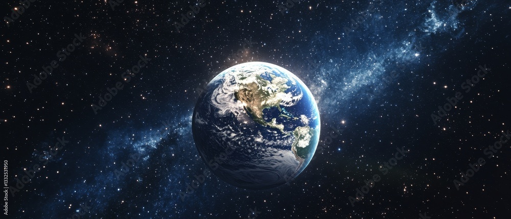 Wall mural a large planet is floating in space with a milky way background