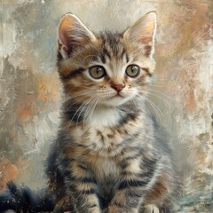 Naklejka premium Cute striped kitten looking curiously at the viewer in a soft, textured background during bright afternoon light