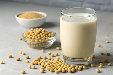 An close-up, studio-style image of a clear glass filled with soy milk, with a pile of raw soybeans scattered around the base of the glass, all against a light gray background.