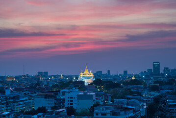 Golden Mount Temple (wat sraket rajavaravihara) at sunset, bangkok, landmark and famous place of Thailand