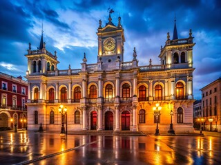 Fototapeta premium Valladolid City Hall Night Photography - Dramatic Low Light Spanish Architecture