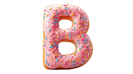 Delicious donut letter b with pink icing and sprinkles on transparent background