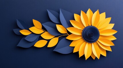 Obraz premium Paper cutout-style of a sunflower swaying in the gentle summer breeze, with deep navy and bright yellow tones, symbolizing the vibrant energy and warmth of nature.