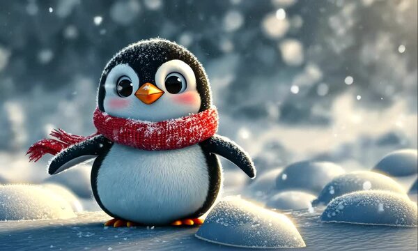 cute little penguin on snowy winter background illustrated animation