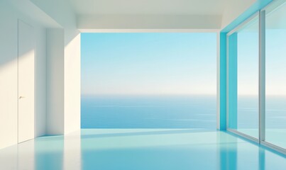 Fototapeta premium Empty room with ocean view, blue floor, and open door