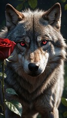 Obraz premium A Wolf with Red Eyes and a Red Rose: A captivating image of a wolf and a rose.