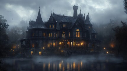 Fototapeta premium Mystical gothic mansion with illuminated windows and misty waterscape at night