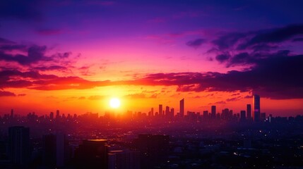 Obraz premium Vibrant Sunset Over City Skyline with Colorful Cloudy Sky