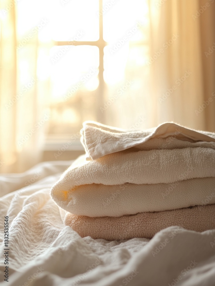 Aufkleber freshly washed towels and bed linens create a cozy atmosphere in a sunlit bedroom with soft pastel t