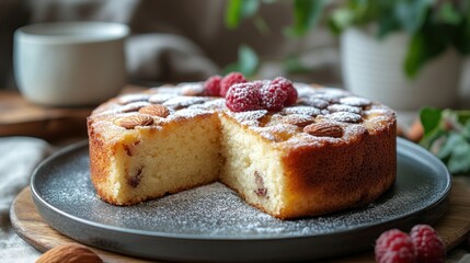 Delicious almond cake with raspberries