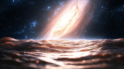 A vibrant galaxy with a swirling spiral and a large orange-brown planet or ocean surface.