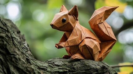 Fototapeta premium Origami squirrel crafted from brown paper on tree branch in forest