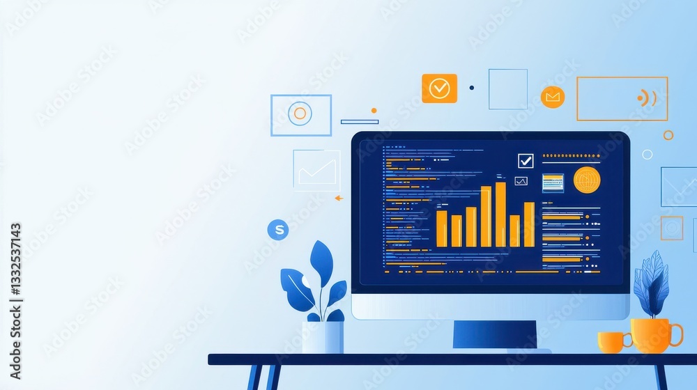 Poster modern computer workspace with data analysis and growth charts