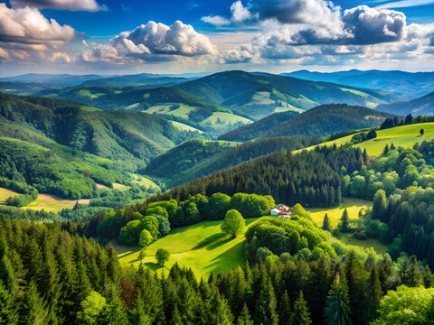 the northern black forests mountainous terrain. Landscape with plants and flora.