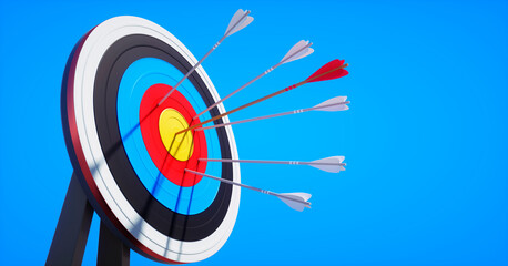 Archery target with hits by several arrows in the sun against a clear blue sky - 3D illustration