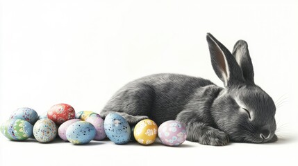 Happy easter day bunny resting with colorful eggs in spring setting
