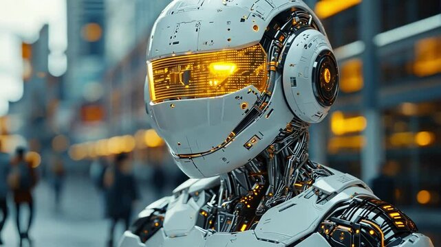 Futuristic robot humanoid with glowing visor standing in a bustling urban street during twilight