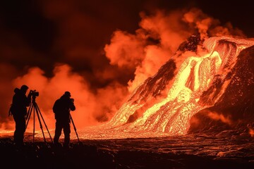 Fototapeta premium Photographers capture volcanic eruption at night in a dramatic display of molten lava