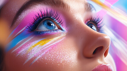 Woman with artistic colorful make-up and glitter exhibiting modern beauty trends