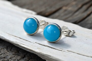 a close-up, product-style image of a pair of 925 sterling silver stud earrings with 7mm cabochon jade balls, resting on a textured, dark wooden surface