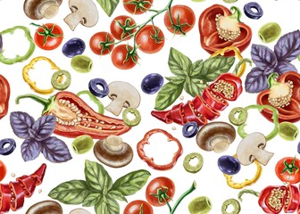Seamless pattern of fresh red pepper, basil, rosemary, olives, mushrooms and arugula. For prints, restaurant decor, wallpaper, wrapping paper, clothing, backgrounds or elements for website or app