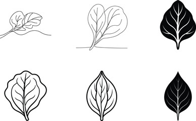 Spinach Leaf Variations Line Art, Silhouette, and Design Elements