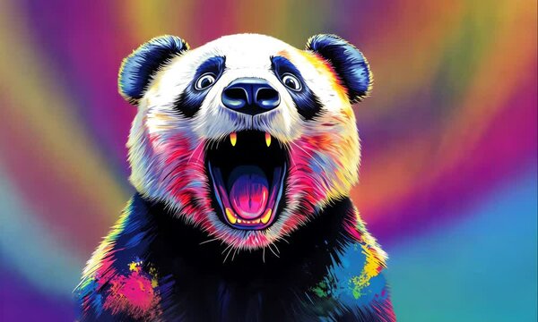 crazy panda bear on colorful vibrant background illustrated animation