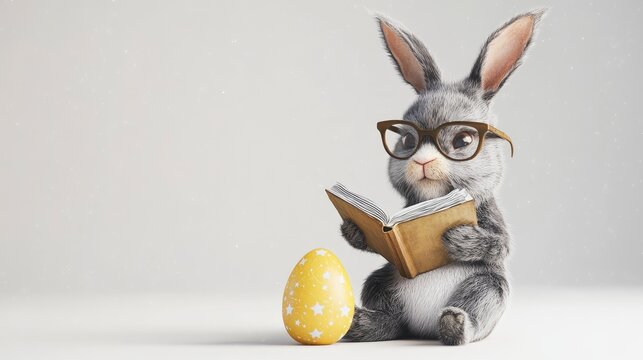 Happy easter bunny reading a book with easter egg in cozy setting