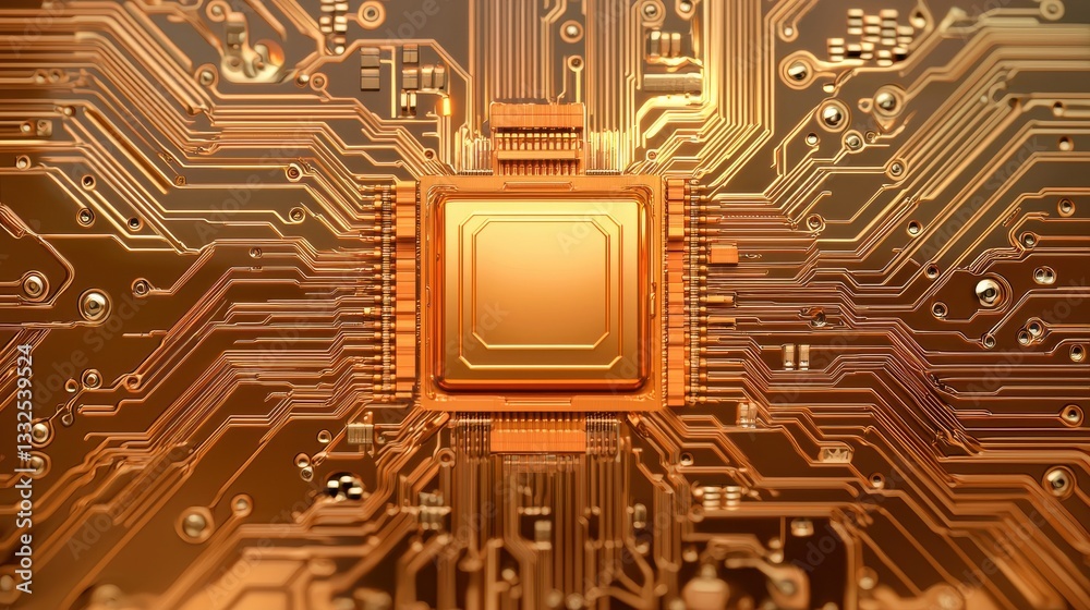 Poster golden microchip on circuit board with intricate technology design