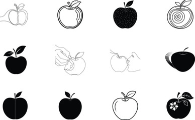 Apple Icons Graphic Designs, Fruits, Silhouette, Line Art, Black, White