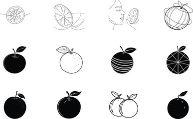Citrus Fruit Icons Orange Variations, Line Art, Graphic Design