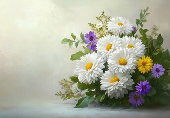 Fototapeta premium Beautiful Arrangement of White Daisies, Purple Asters, and Yellow Flowers with Green Leaves on Soft Textured Background