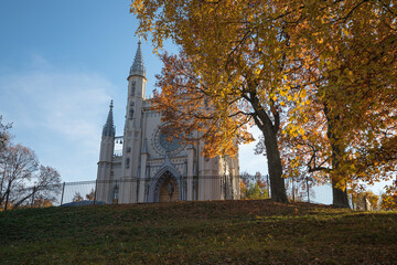 Gothic chapel in Alexandria park in autumn, Peterhof, Saint Petersburg, Russia