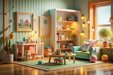 Vertical Kids Room Interior Mockup: Macro Photography of Playful Details, 3D Render