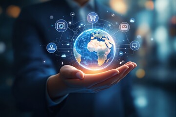 Hand holding digital globe with icons.