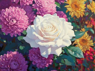 Fototapeta premium Beautiful Arrangement of White Rose Surrounded by Vibrant Pink and Yellow Flowers in a Lush Garden Setting for Nature Lovers and Floral Enthusiasts