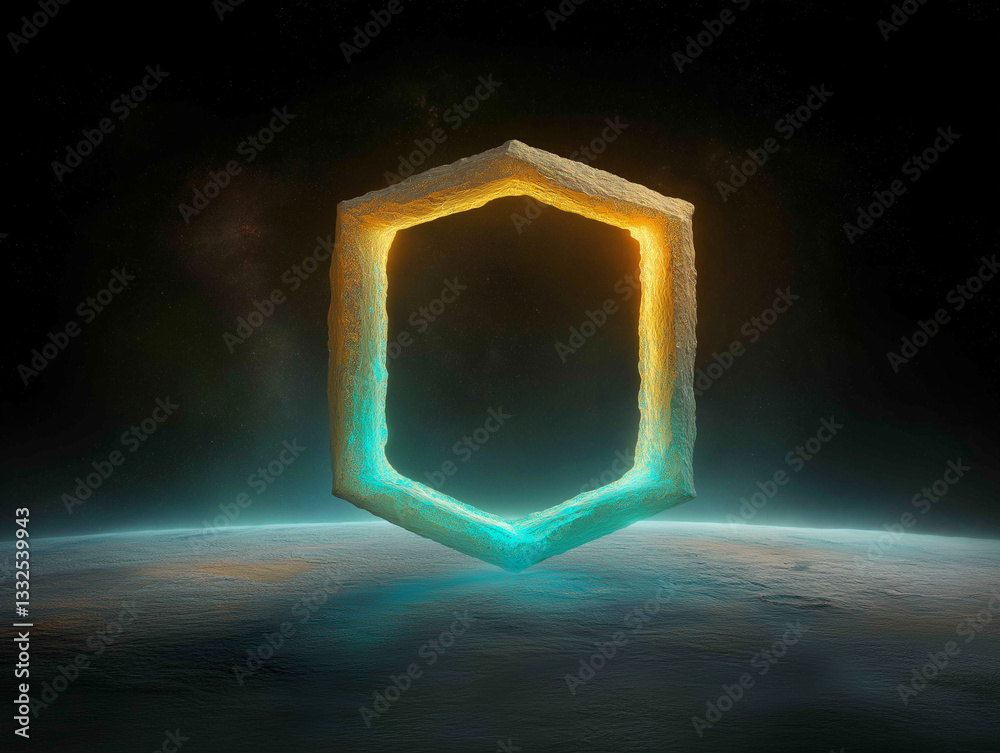 Wall mural mysterious gateway: a captivating, glowing hexagonal portal floats in the vastness of space. the gat