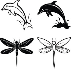 Naklejka premium Dolphin and Dragonfly Silhouettes Black, White, Aquatic, Insect Designs