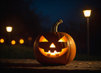 Fototapeta premium Carved pumpkin jack-o'-lantern, sitting on a surface outdoors classic Halloween design with triangular eyes, nose, and a wide, toothy grin. It's also illuminated from inside, casting a warm glow.