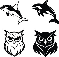 Orca Whale and Owl Animal Icons Black and White Designs