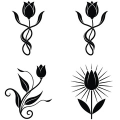 set of black and white flowers, set of floral design elements