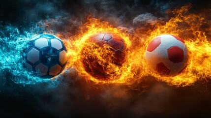Fototapeta premium Soccer balls infused with blue and red flames represent intense rivalry, amid a backdrop of power and excitement