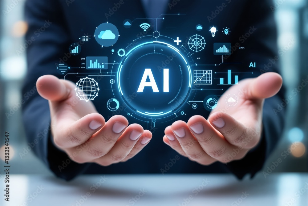 Poster hands holding ai concept with digital icons on dark background.