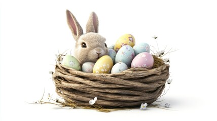 Happy easter day bunny with colorful eggs in a basket celebratory spring