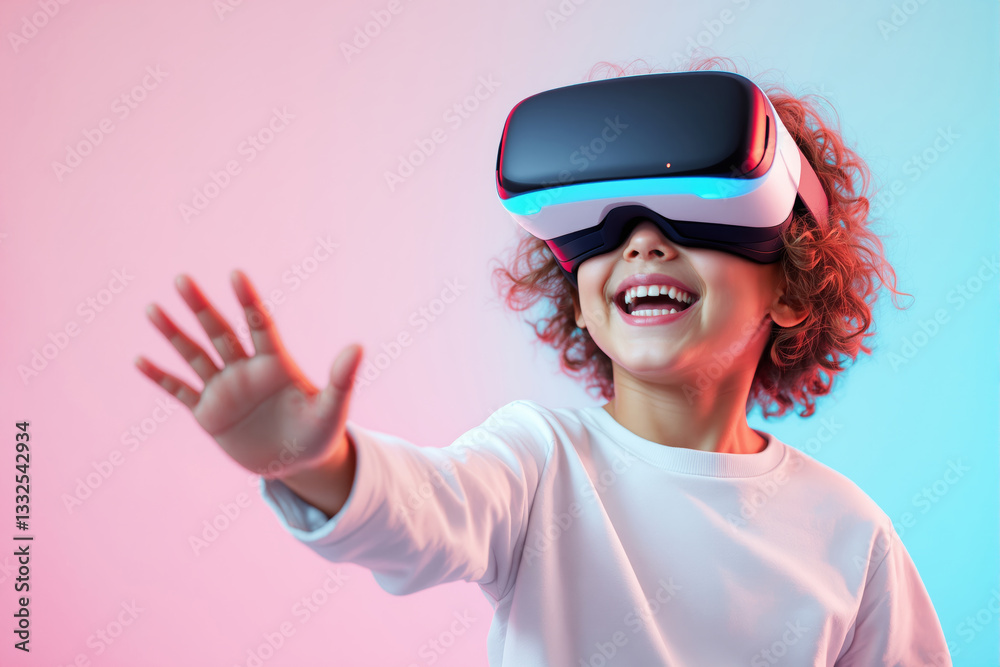 Poster Joyful child wearing VR headset exploring virtual reality on vibrant gradient background.