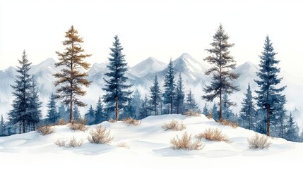 Obraz premium Snowy Hand-Drawn Watercolor Landscape Featuring Pine Trees and Mountains Under a Misty Sky