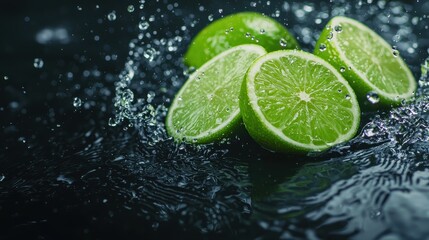 Fresh lime slices splash into water, creating a refreshing and vibrant scene with droplets glistening against a dark background.