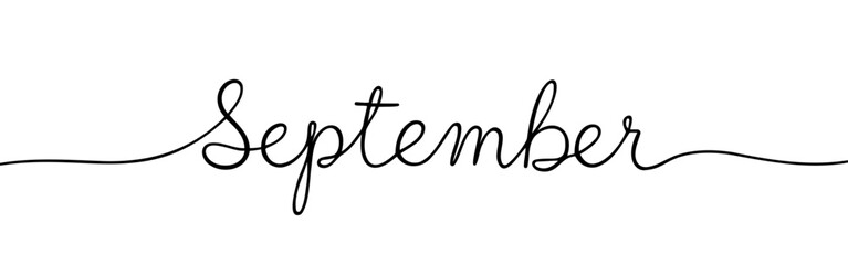 September month continuous one line drawing with word. Minimalistic drawing of phrase illustration.